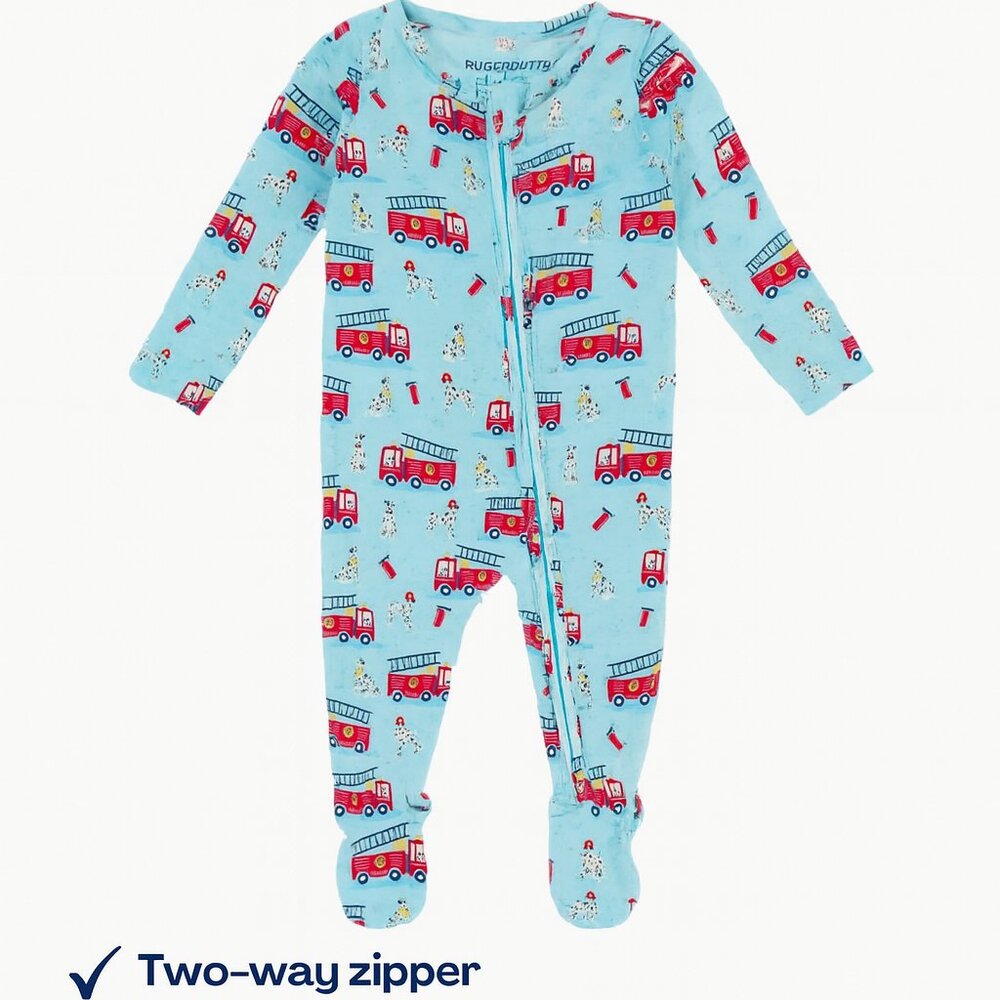 Dalmatian & Fire Truck Bamboo Pajamas | Footed Zip Sleeper | Foldover Mitts